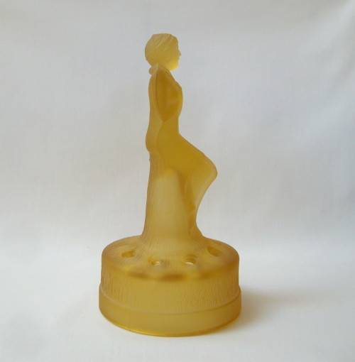 ART DECO AMBER SATIN GLASS LADY ON STUMP FLOWER FROG CENTREPIECE