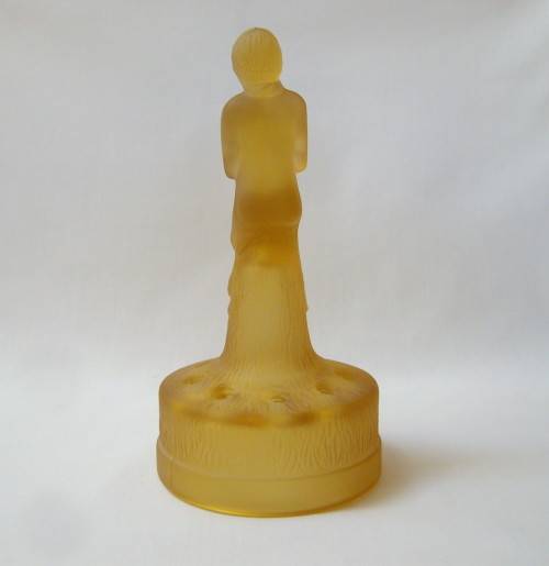 ART DECO AMBER SATIN GLASS LADY ON STUMP FLOWER FROG CENTREPIECE