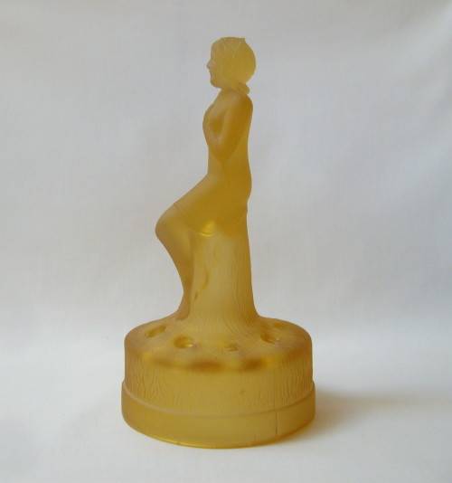 ART DECO AMBER SATIN GLASS LADY ON STUMP FLOWER FROG CENTREPIECE