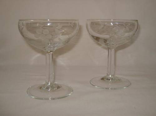 PAIR OF VINTAGE FRENCH GRAPE PATTERN CHAMPAGNE GLASSES