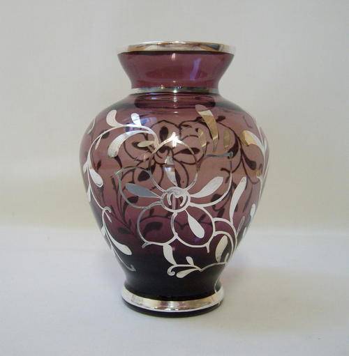 VINTAGE VENETIAN AMETHYST GLASS SILVER OVERLAY VASE