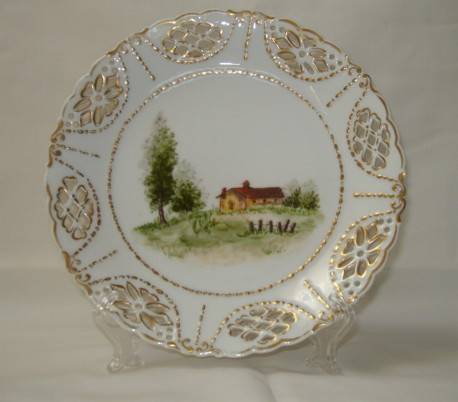 P A  ARZBERG HAND PAINTED PIERCED CABINET PLATE c1946