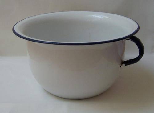 VINTAGE POLAND WHITE ENAMEL WITH BLUE TRIM CHAMBER POT