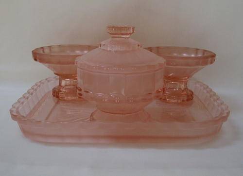 ART DECO FROSTED PEACH GLASS DRESSING TABLE VANITY SET