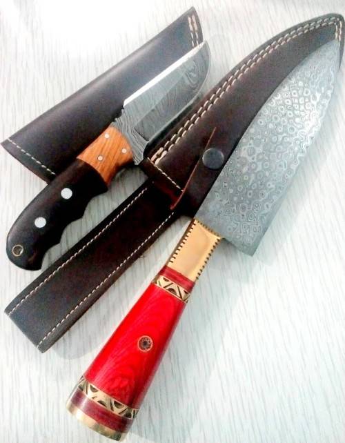 02 Damascus Steel knives with leather sheaths/custom made knives