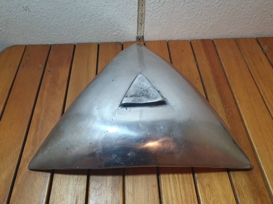 Unused triangle shaped metallic Fruit / Candy display footed Tray / Dish.