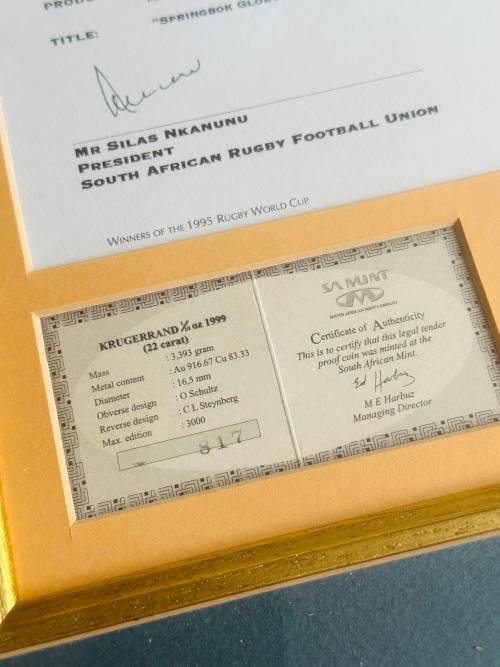 SPRINGBOK RUGBY Limited Edition Collage (99/400) & 1/10oz PROOF GOLD KRUGERRAND