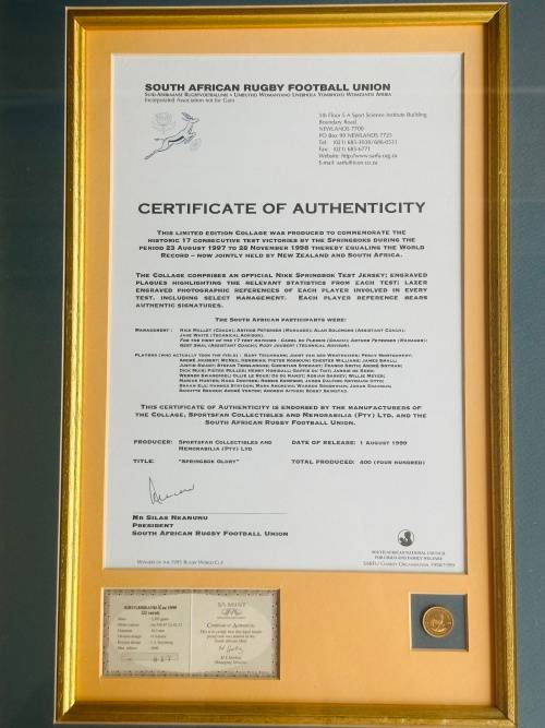 SPRINGBOK RUGBY Limited Edition Collage (99/400) & 1/10oz PROOF GOLD KRUGERRAND