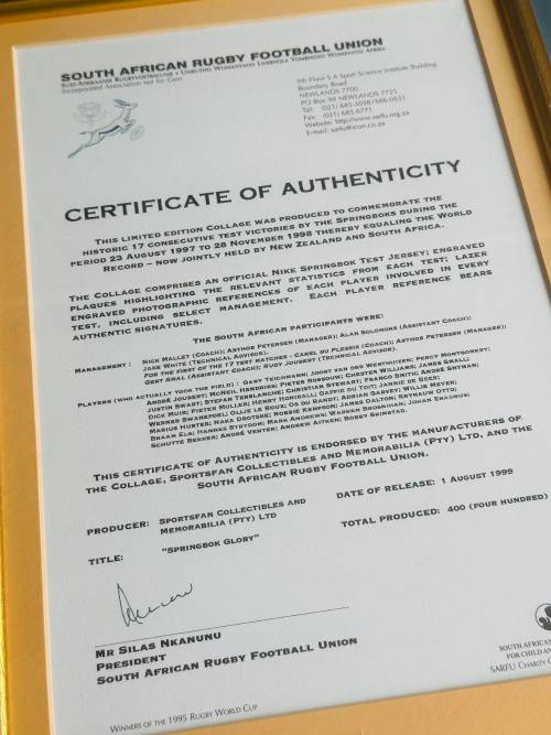 SPRINGBOK RUGBY Limited Edition Collage (99/400) & 1/10oz PROOF GOLD KRUGERRAND
