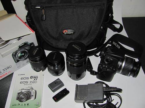 Canon EOS 350D EFS 18-55 Digital SLR Camera Kit plus three Canon lenses plus extras