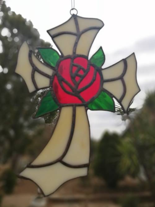 ROSE CROSS STAINED GLASS - Hand made ###
