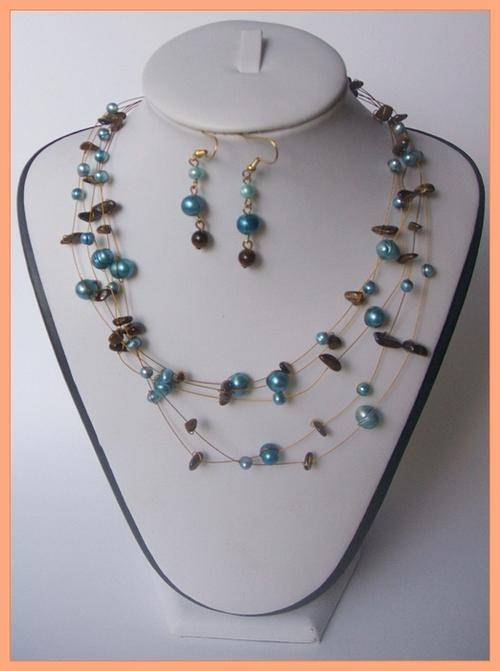 Genuine 5 strand saphire blue floating freshwater pearl necklace, free earrings!