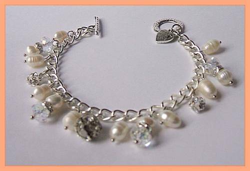White Freshwater pearl and rhinestone ball toggle bracelet