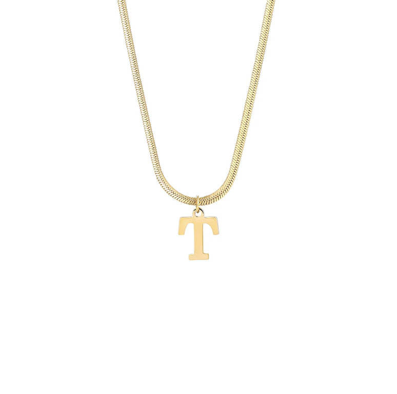 `T` Initial / Letter Gold Colour Stainless Steel Charm Snake / Herringbone Pendant Necklace