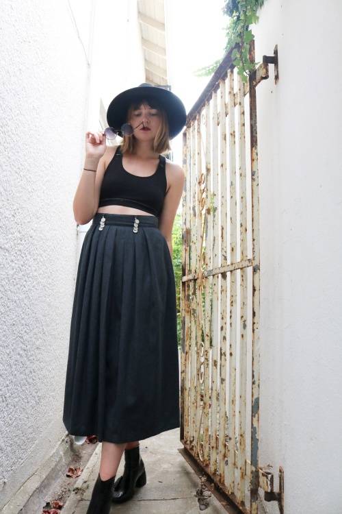 Vintage long grey high waist skirt with silwer jewelry detail