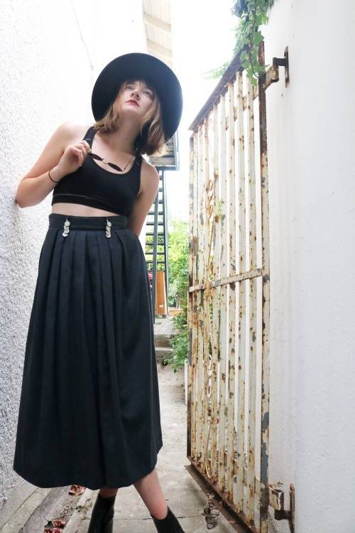 Vintage long grey high waist skirt with silwer jewelry detail