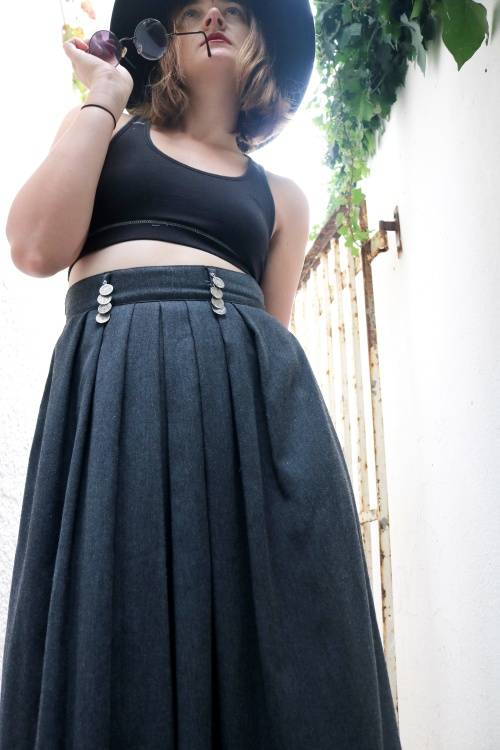 Vintage long grey high waist skirt with silwer jewelry detail