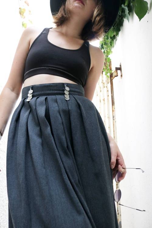 Vintage long grey high waist skirt with silwer jewelry detail