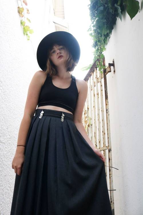 Vintage long grey high waist skirt with silwer jewelry detail