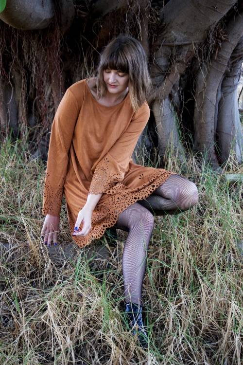 vintage Bohemian cut out suede dress / brown suede dress / pattern cut out dress / bell sleeve dress
