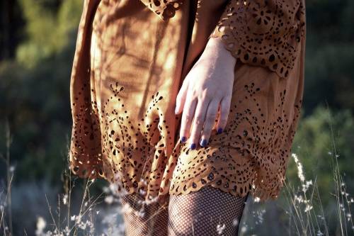 vintage Bohemian cut out suede dress / brown suede dress / pattern cut out dress / bell sleeve dress