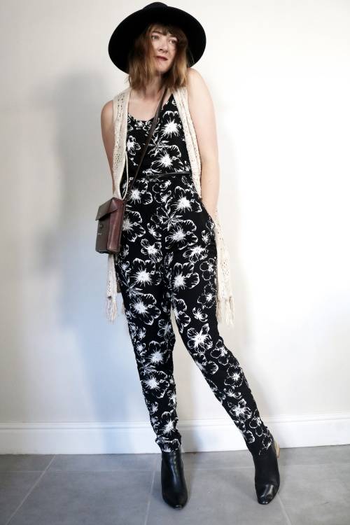 Vintage jumpsuit / black and white pattern jumpsuit / bohemian one piece / bohemian romper