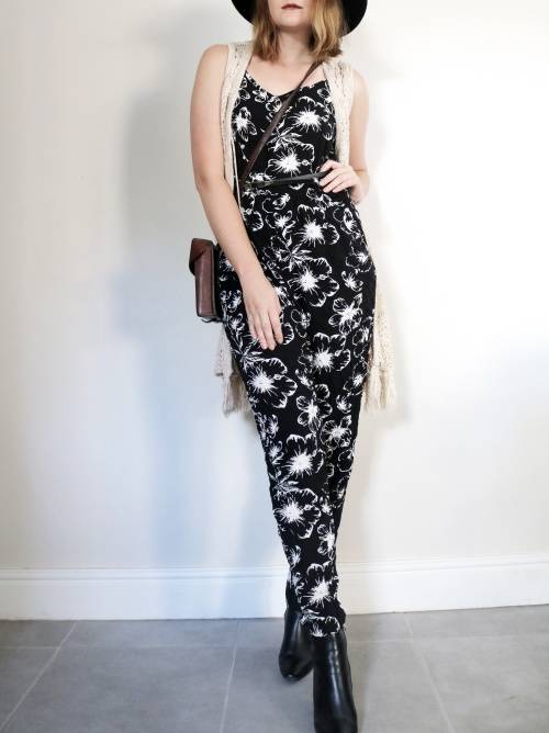 Vintage jumpsuit / black and white pattern jumpsuit / bohemian one piece / bohemian romper
