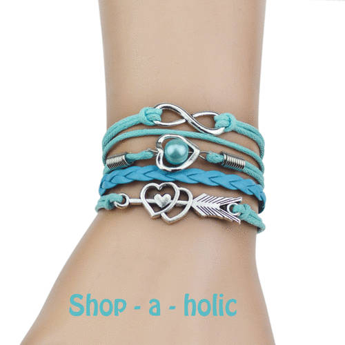 ***GENUINE LEATHER BRAIDED CHARM BRACELET - LOVE ARROW BABY BLUE ***