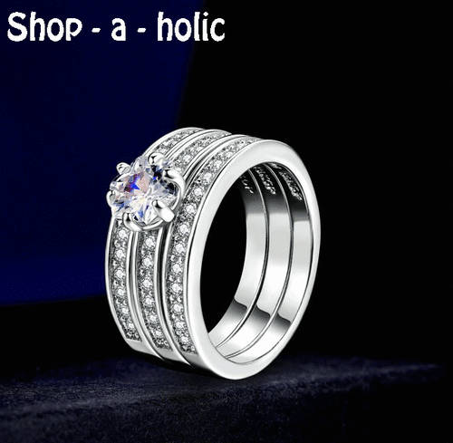 *** STUNNING TRIPLE STACK 18K WHITE GOLD PLATED WEDDING SET  * Size 5 1/2 / K 1/2 ***