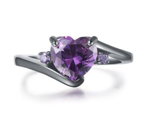 * 2 CARAT PURPLE HEART CZ BLACK RING * Sizes: 6 /  8 / 9 AVAILABLE *