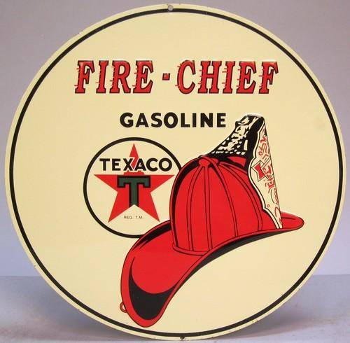 TEXACO Fire CHIEF Embossed 28cm Round Steel Sign Oil Petrol Garage