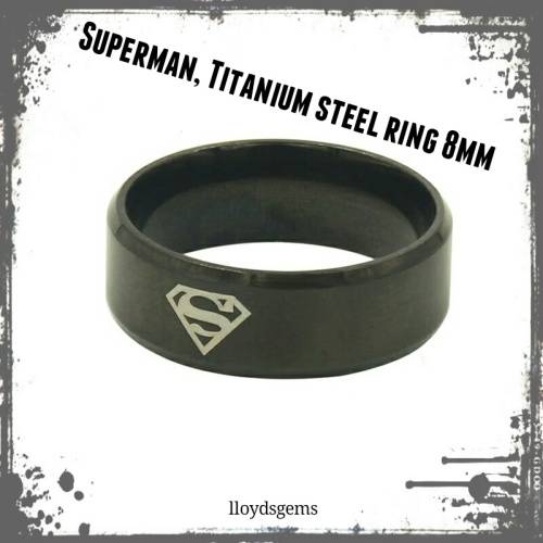 Titanium Superman ETCH Ring, Black Satin rings 8MM, FREE RING BOX, WEDDING BAND, SIZE 10 only