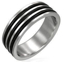 ***MENS STAINLESS STEEL / TRIPLE BLACK BAND RING****