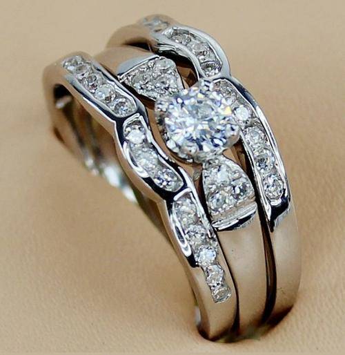 GORGEOUS! 925 STERLING SILVER 3 PIECE WEDDING SET CZ RINGS, FREE RING BOX*SIZE 6,
