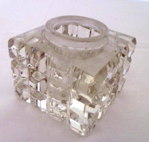 Vintage Heavy 6 cm Square Crystal Glass Bevelled Edged Ink Well or Paperweight weighs 375gm.