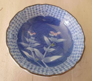 Imari Like Blue Bowl with Pink Flowers 13 cm Across