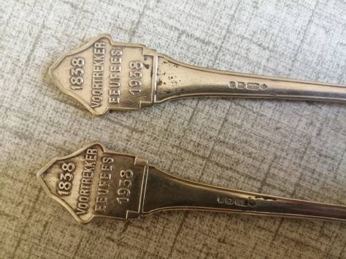 1838 Voortrekker Eeufees teaspoons and sugar spoon