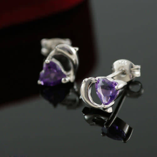 EARRINGS: HEART Genuine Amethyst Dolphin Earrings Studs 925 Silver