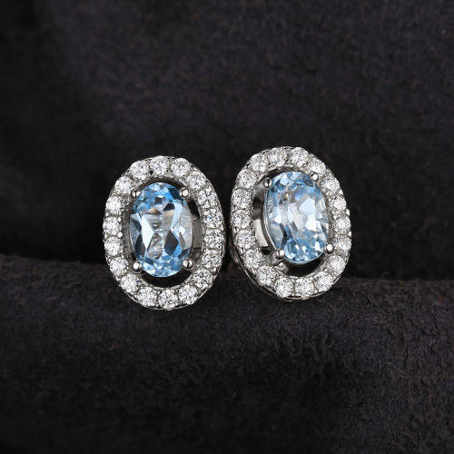 EARRINGS~ Oval 1.1ct Natural Blue Topaz 925 Sterling Silver Stud Earrings
