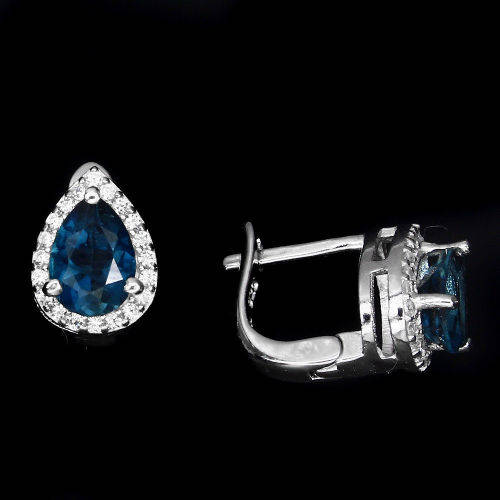 Earrings~ Elegant 7x5mm Top London Blue Topaz Aaa White Cz 925 Sterling Silver Earrings
