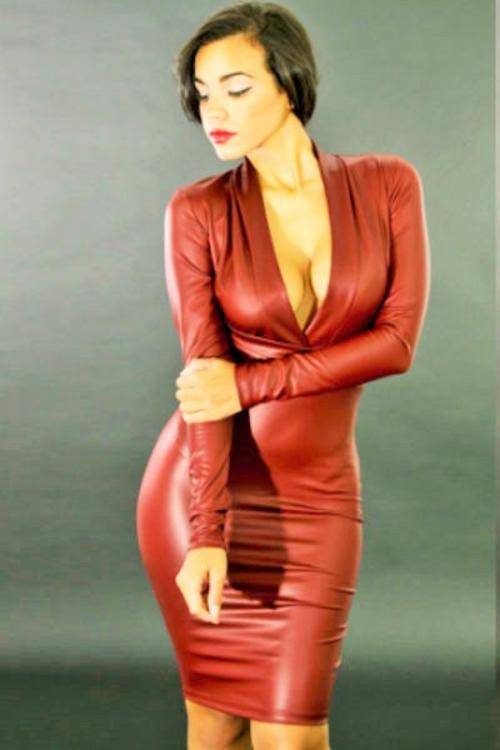 RUST RED above Knee Length Plunging V Neckline Bodycon Vinyl Dress with Long Sleeves  - Size Large