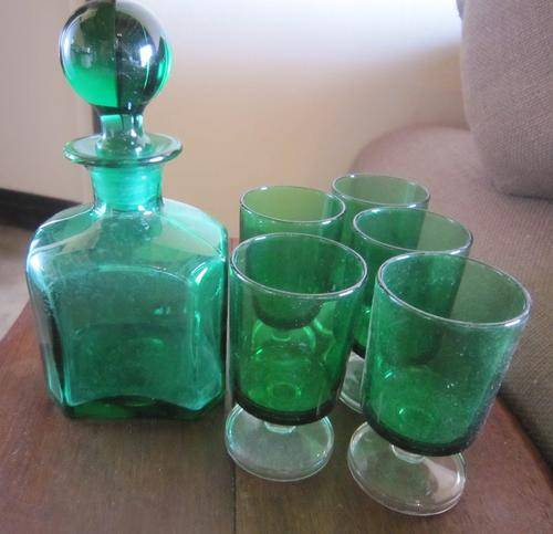 Exquisite 1950's green glass decanter & shot glass set ON SPECIAL