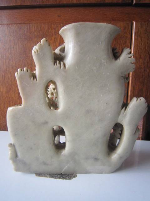 STUNNING ORIENTAL DOUBLE SOAPSTONE VASE WITH RELIEF CARVING  ITEM NO 2159