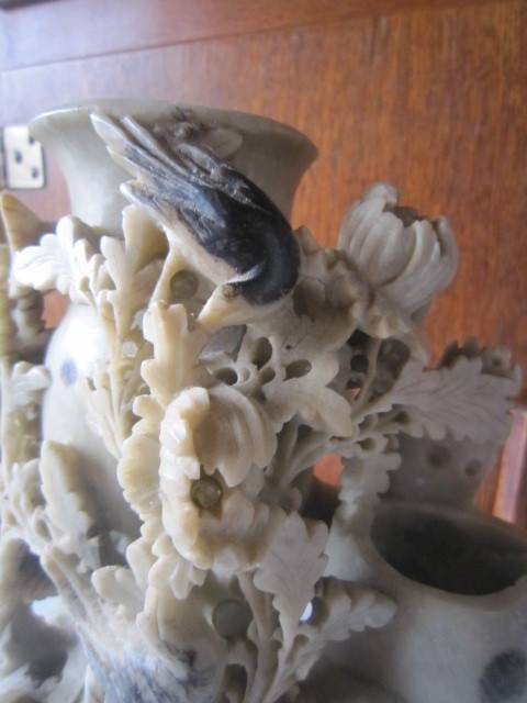 STUNNING ORIENTAL DOUBLE SOAPSTONE VASE WITH RELIEF CARVING  ITEM NO 2159