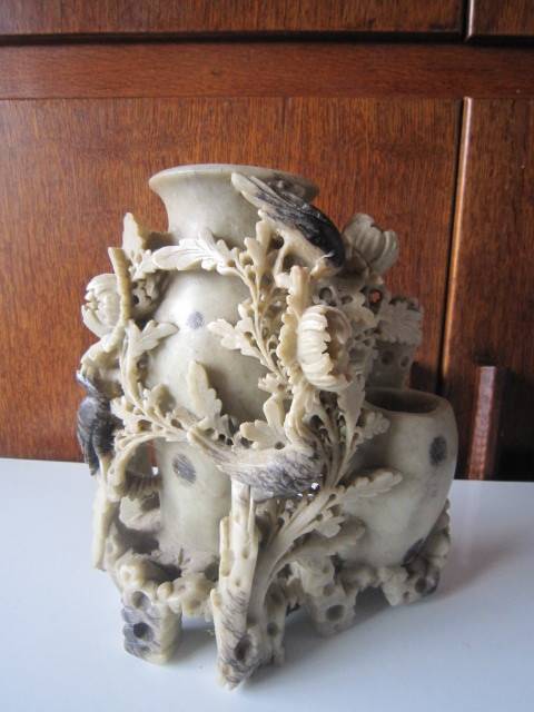 STUNNING ORIENTAL DOUBLE SOAPSTONE VASE WITH RELIEF CARVING  ITEM NO 2159