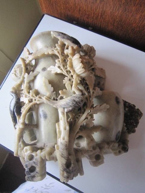 STUNNING ORIENTAL DOUBLE SOAPSTONE VASE WITH RELIEF CARVING  ITEM NO 2159