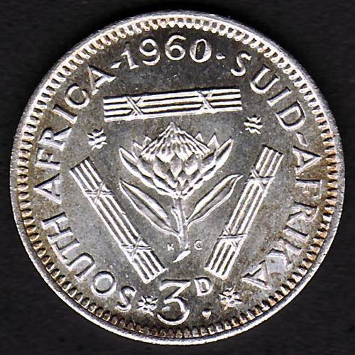Nice South African Union 1960 3 Pence. 50% Silver Only 18 000 Minted and getting scarce