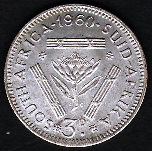 Nice South African Union 1960 3 Pence. 50% Silver Only 18 000 Minted and getting scarce
