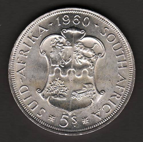 South African Union 1960 5 Shillings Coin. 50% Silver