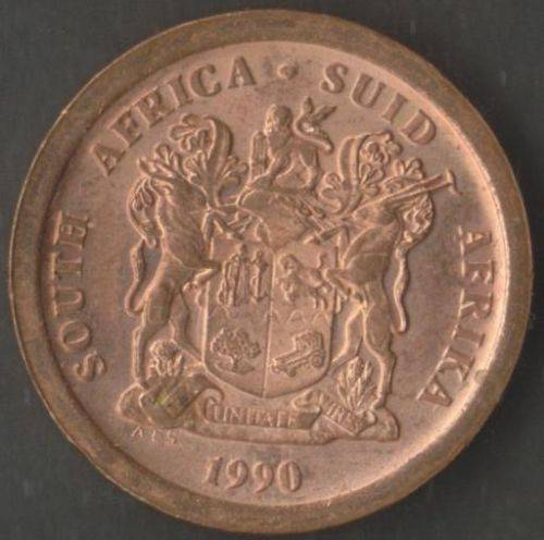 SOUTH AFRICA MINT ERROR 1990 5 CENT COINS x 2 WITH CRACKED DIE, EXTRA THICK LEG &ROTATED DIE- UNC